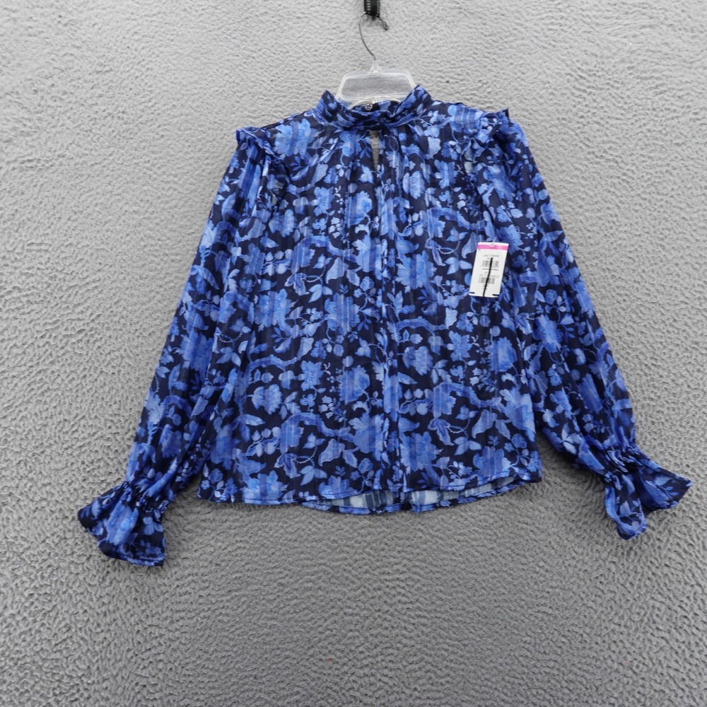 French‎ Connection Blue Floral Mock Neck Long Sleeve Ruffle Blouse Size 0 NEW